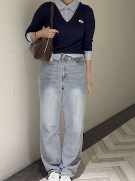 「FREE'S MART（フリーズマート）の【4サイズ展開XS-L】ストレートデニムパンツ【低身長サイズ有】（デニムパンツ、ブルー系）」を使った、yooo0onさん（レディース・164cm）の秋コーディネート