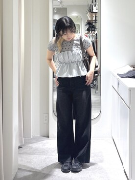 「FREE'S MART（フリーズマート）の【3サイズ展開XS-L】サイドパネルヴィンテージライクワイドデニム【低身長サイズ有】（デニムパンツ、ブラック系）」を使った、yooo0onさん（レディース・164cm）の夏コーディネート