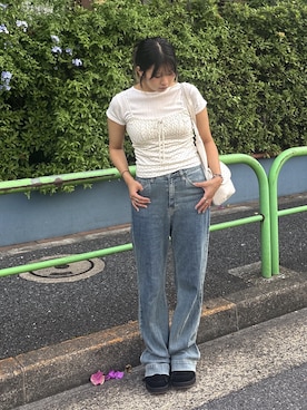 「FREE'S MART（フリーズマート）の◆針抜きテレコＴシャツ×アソートキャミセット（Tシャツ/カットソー、ホワイト系）」を使った、yooo0onさん（レディース・164cm）の夏コーディネート