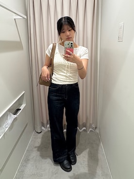 「FREE'S MART（フリーズマート）の◇【累計販売6万本突破！選べる6色】【4サイズ展開XS-L] ベーシックワイドデニムパンツ【低身長サイズ有】【Lサイズ有】（デニムパンツ、ブルー系）」を使った、yooo0onさん（レディース・164cm）の夏コーディネート