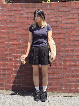 「FREE'S MART（フリーズマート）の◆スキッパー半袖カットソーフーディー（Tシャツ/カットソー、ブルー系）」を使った、yooo0onさん（レディース・164cm）の夏コーディネート