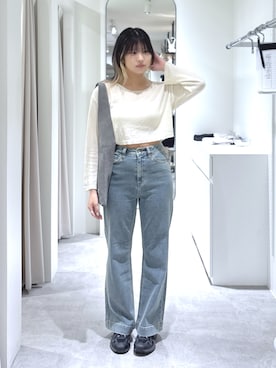 「FREE'S MART（フリーズマート）の◇【累計販売6万本突破！選べる6色】【4サイズ展開XS-L] ベーシックワイドデニムパンツ【低身長サイズ有】【Lサイズ有】（デニムパンツ、ブルー系）」を使った、yooo0onさん（レディース・164cm）の春コーディネート