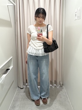 「FREE'S MART（フリーズマート）の◆メランジドロスト半袖レースティアードキャミセット（Tシャツ/カットソー、ホワイト系）」を使った、yooo0onさん（レディース・164cm）の夏コーディネート