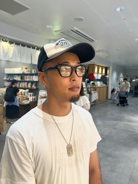 「Dickies（ディッキーズ）のアイテム（キャップ、ホワイト系）」を使った、kznrisdkさん（メンズ・173cm）の夏コーディネート
