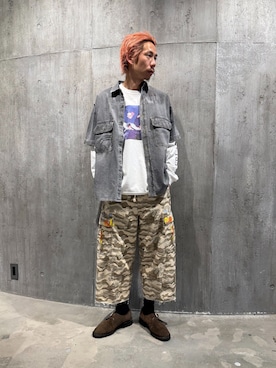 「JOURNAL STANDARD（ジャーナルスタンダード）の6ポケット リップカモ カットオフ パンツ（その他パンツ、グリーン系）」を使った、NIBOさん（メンズ・175cm）の春コーディネート