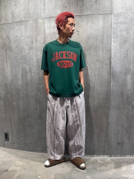 「JOURNAL STANDARD（ジャーナルスタンダード）のストライプ ジャガード ワイド パンツ（その他パンツ、グレー系）」を使った、NIBOさん（メンズ・175cm）の夏コーディネート