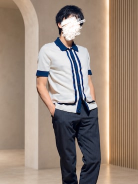 「Banana Republic（バナナリパブリック）のBANANA REPUBLIC ボーダーストライプ セーター ポロ CREAM size S：少しレトロチックなオーラが漂う様なカラー使いのショートスリーブポロシャツ。センターにあしらわれたボタンを全て閉じてトップスとして着こなすのは勿論、タンクトップやTシャツの上からさらっとレイヤリングした着こなしも可能（ポロシャツ、ホワイト系）」を使った、Na:katenさん（メンズ・170cm）の夏コーディネート