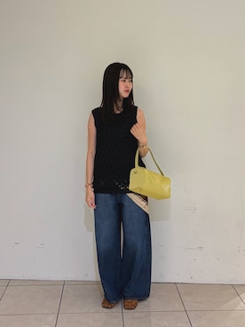「KBF（ケイビーエフ）のスリーブレスクロシェニット（ニット/セーター、ブラック系）」を使った、mahiru28さん（レディース・157cm）の夏コーディネート
