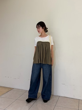 「KBF（ケイビーエフ）のバイカラークリンクルビスチェ（その他トップス、グリーン系）」を使った、mahiru28さん（レディース・157cm）の夏コーディネート
