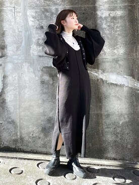 「Kastane（カスタネ）の【SETアイテム】クロップドカーディガン×ワンピースSET（ワンピース）」を使った、Nao Odakaさん（レディース・156cm）の冬コーディネート