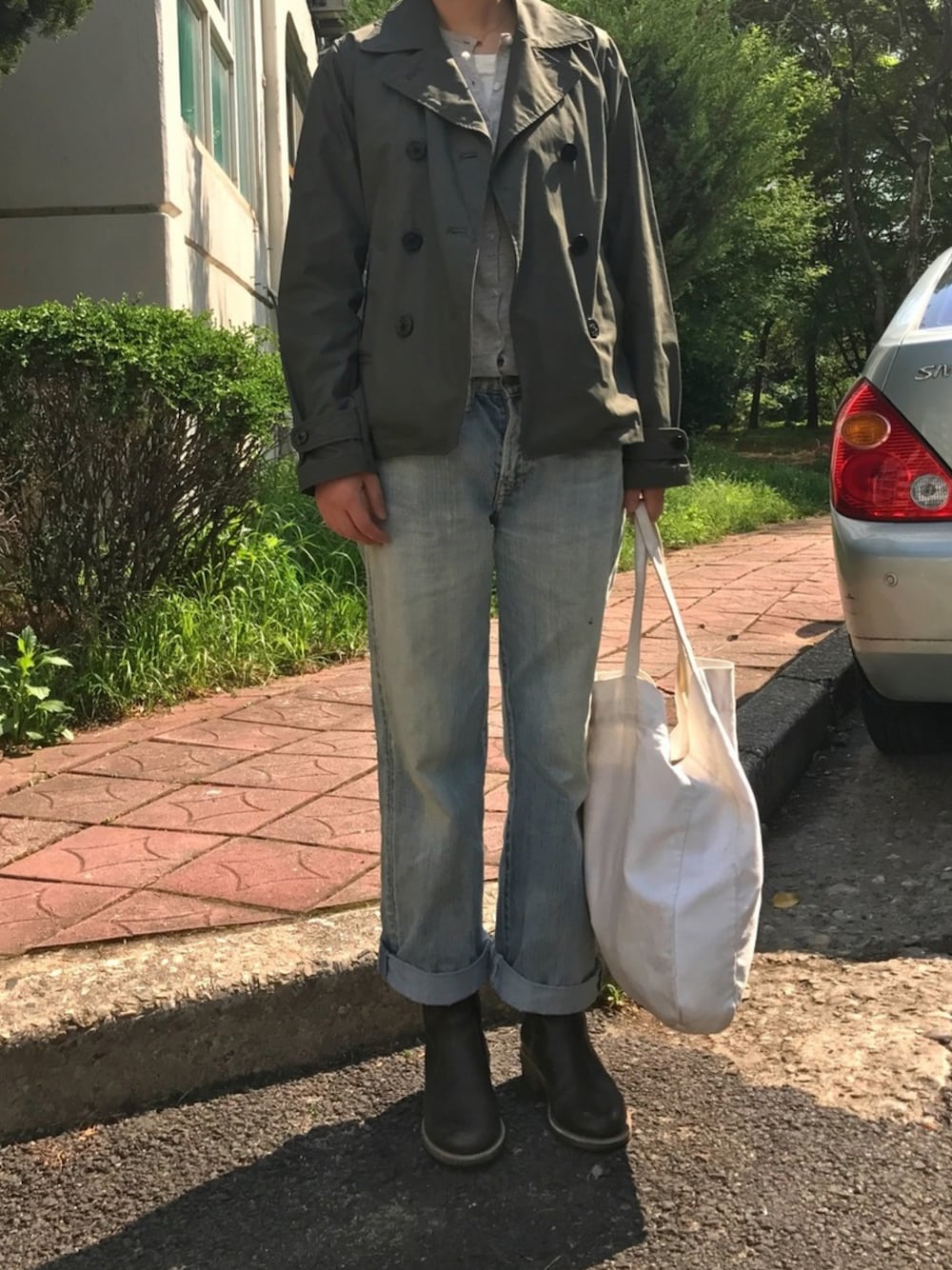 「45R、denim、A.P.C.、johnbull、MHL」｜「Johnbullのアイテム（ピーコート、グリーン系）」を使った、synkmさん（レディース・162cm）の春コーディネートの1枚目の写真
