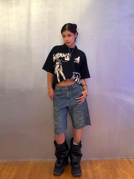 「HYSTERIC GLAMOUR（ヒステリックグラマー）のMETAL GUID ポロシャツ（ポロシャツ、ブラック系）」を使った、★nana★さん（レディース・160cm）の夏コーディネート