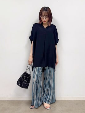 「アイテム（チュニック、ブラック系）」を使った、chikaさん（レディース・160cm）の夏コーディネート
