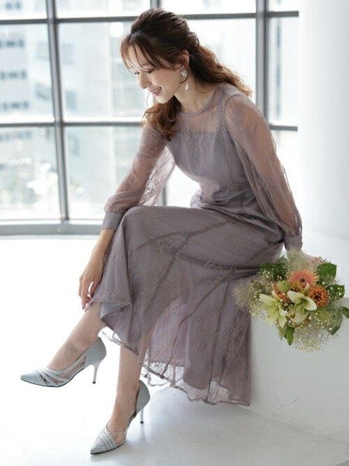 オケージョンドレス シアー バックリボン PourVous｜バックリボンシアードレス結婚式パーティードレス