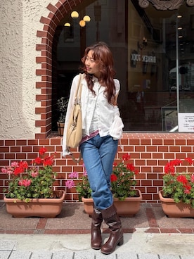 「TINA：JOJUN（ティーナジョジュン）の小花柄 レース付きキャミソール TINA：JOJUN（キャミソール、ホワイト系）」を使った、kasaki03さん（レディース・153cm）の春コーディネート