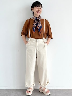 「白デニム」｜「アイテム（サロペット/オーバーオール）」を使った、はなこさん（レディース・155cm）の夏コーディネート