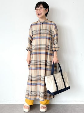 「チェックワンピース」｜「アイテム（シャツワンピース）」を使った、はなこさん（レディース・155cm）の夏コーディネート