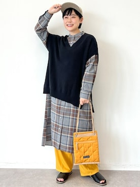 「チェックワンピース」｜「アイテム（シャツワンピース）」を使った、はなこさん（レディース・155cm）の夏コーディネート