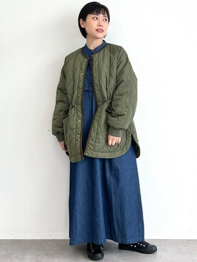「デニムワンピース」｜「アイテム（ノーカラーコート）」を使った、はなこさん（レディース・155cm）の秋コーディネート