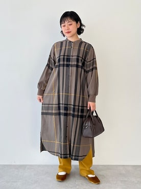 「チェックワンピース」｜「アイテム（シャツワンピース）」を使った、はなこさん（レディース・155cm）の冬コーディネート