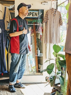 「Dickies（ディッキーズ）のアイテム（トップス）」を使った、ataco garageさん（メンズ・173cm）の夏コーディネート