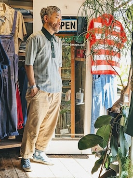 「アイテム（ポロシャツ、グリーン系）」を使った、ataco garageさん（メンズ・173cm）の秋コーディネート