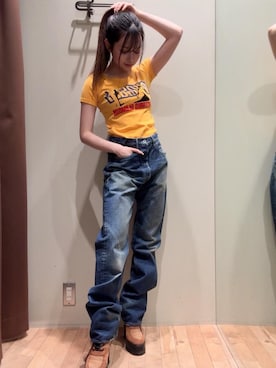 「HYSTERIC GLAMOUR（ヒステリックグラマー）のHRA加工 WW2ストレートデニムパンツ（デニムパンツ、ブルー系）」を使った、 Nanakoさん（レディース・158cm）の春コーディネート