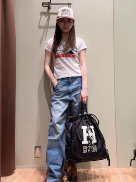 「HYSTERIC GLAMOUR（ヒステリックグラマー）のGUITAR GIRL メッシュキャップ（キャップ、ブラウン系）」を使った、 Nanakoさん（レディース・158cm）の春コーディネート