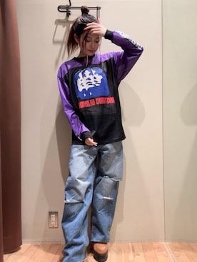 「HYSTERIC GLAMOUR（ヒステリックグラマー）のMULTI WOMAN MOTO Tシャツ（Tシャツ/カットソー、ブラック系）」を使った、 Nanakoさん（レディース・158cm）の春コーディネート