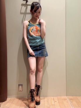 「HYSTERIC GLAMOUR（ヒステリックグラマー）のRAINBOW WOMAN タンクトップ（タンクトップ、グリーン系）」を使った、 Nanakoさん（レディース・158cm）の春コーディネート