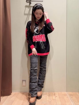 「HYSTERIC GLAMOUR（ヒステリックグラマー）のスクラッチフレアデニムパンツ（デニムパンツ、ブラック系）」を使った、 Nanakoさん（レディース・158cm）の春コーディネート