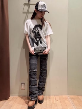 「HYSTERIC GLAMOUR（ヒステリックグラマー）のLOGO STUDS ロングウォレット（財布、ブラック系）」を使った、 Nanakoさん（レディース・158cm）の春コーディネート