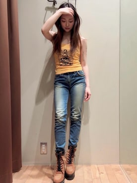 「HYSTERIC GLAMOUR（ヒステリックグラマー）のHYS SP加工スキニーデニムパンツ（デニムパンツ、ブルー系）」を使った、 Nanakoさん（レディース・158cm）の春コーディネート