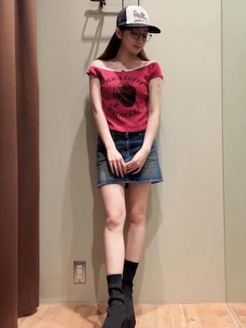 「HYSTERIC GLAMOUR（ヒステリックグラマー）のSTRAWBERRY FREAK チビTシャツ（Tシャツ/カットソー、ピンク系）」を使った、 Nanakoさん（レディース・158cm）の夏コーディネート