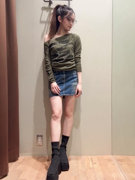 「HYSTERIC GLAMOUR（ヒステリックグラマー）のTYPEWRITER LOGO Tシャツ（Tシャツ/カットソー、グリーン系）」を使った、 Nanakoさん（レディース・158cm）の夏コーディネート