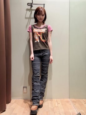 「HYSTERIC GLAMOUR（ヒステリックグラマー）のスクラッチフレアデニムパンツ（デニムパンツ、ブラック系）」を使った、 Nanakoさん（レディース・158cm）の夏コーディネート