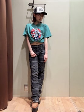 「HYSTERIC GLAMOUR（ヒステリックグラマー）のスクラッチフレアデニムパンツ（デニムパンツ、ブラック系）」を使った、 Nanakoさん（レディース・158cm）の夏コーディネート