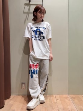 「HYSTERIC GLAMOUR（ヒステリックグラマー）のHYS FLARE LOGO スウェットパンツ（スウェットパンツ、グレー系）」を使った、 Nanakoさん（レディース・158cm）の夏コーディネート