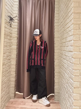 「HYSTERIC GLAMOUR（ヒステリックグラマー）のSEE NO EVIL スタッズメッシュキャップ（キャップ、ブラック系）」を使った、 Nanakoさん（レディース・158cm）の秋コーディネート