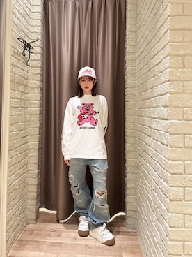 「HYSTERIC GLAMOUR（ヒステリックグラマー）のBLACK CAT WOMAN メッシュキャップ（キャップ、ピンク系）」を使った、 Nanakoさん（レディース・158cm）の秋コーディネート