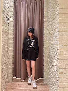 「HYSTERIC GLAMOUR（ヒステリックグラマー）のバックレースアップ マイクロミニデニムスカート（スカート、ブルー系）」を使った、 Nanakoさん（レディース・158cm）の秋コーディネート