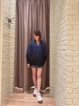 「HYSTERIC GLAMOUR（ヒステリックグラマー）のバックレースアップ マイクロミニデニムスカート（スカート、ブルー系）」を使った、 Nanakoさん（レディース・158cm）の秋コーディネート