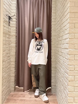「HYSTERIC GLAMOUR（ヒステリックグラマー）のHG刺繍 ベースボールキャップ（キャップ、グリーン系）」を使った、 Nanakoさん（レディース・158cm）の秋コーディネート