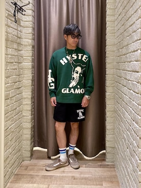 「HYSTERIC GLAMOUR（ヒステリックグラマー）のSPEAK NO EVIL編込 セーター（ニット/セーター、グリーン系）」を使った、HAMAさん（メンズ・163cm）の夏コーディネート