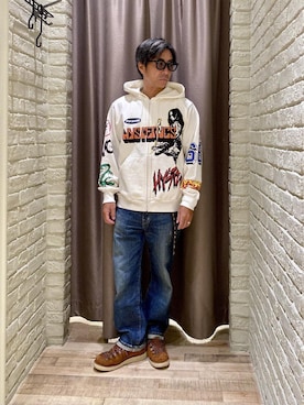 「HYSTERIC GLAMOUR（ヒステリックグラマー）のBORN TO LOSE パーカー（パーカー、ホワイト系）」を使った、HAMAさん（メンズ・163cm）の秋コーディネート