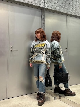 「HYSTERIC GLAMOUR（ヒステリックグラマー）のSNAKE LOOP 8分丈クラッシュデニムパンツ（デニムパンツ）」を使った、nanahoさん（レディース・149cm）の冬コーディネート