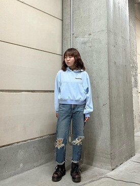 「HYSTERIC GLAMOUR（ヒステリックグラマー）のSNAKE LOOP 8分丈クラッシュデニムパンツ（デニムパンツ）」を使った、nanahoさん（レディース・149cm）の冬コーディネート