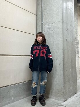 「HYSTERIC GLAMOUR（ヒステリックグラマー）のSNAKE LOOP 8分丈クラッシュデニムパンツ（デニムパンツ）」を使った、nanahoさん（レディース・149cm）の冬コーディネート