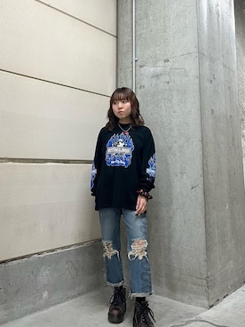 「HYSTERIC GLAMOUR（ヒステリックグラマー）のSNAKE LOOP 8分丈クラッシュデニムパンツ（デニムパンツ）」を使った、nanahoさん（レディース・149cm）の冬コーディネート
