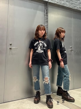 「HYSTERIC GLAMOUR（ヒステリックグラマー）のSNAKE LOOP 8分丈クラッシュデニムパンツ（デニムパンツ）」を使った、nanahoさん（レディース・149cm）の冬コーディネート